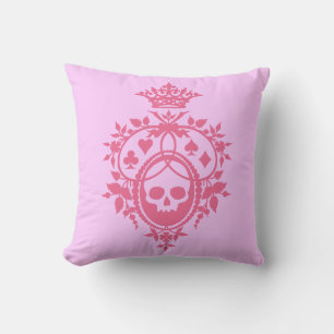 Pink Crest with Skull and Cardsuits Throw Pillow