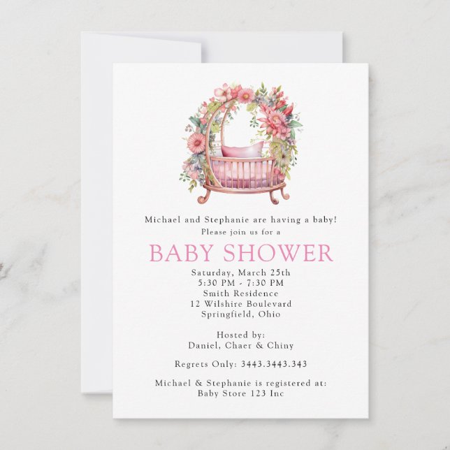Pink Crib Floral Girl Baby Shower Invitation (Front)