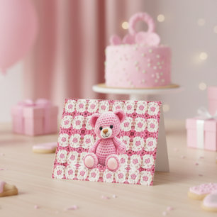 Pink Crochet Bear   Baby Shower Thank You Card