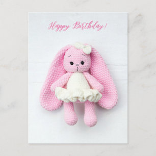 Pink Crochet Bunny in White Dress Happy Birthday Postcard