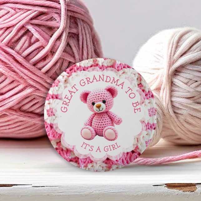 Pink Crocheted Teddy Bear | Great Grandma to Be 6 Cm Round Badge (Creator Uploaded)