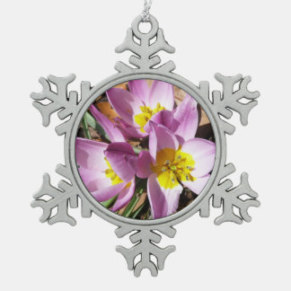Pink Crocuses Spring Floral Snowflake Pewter Christmas Ornament