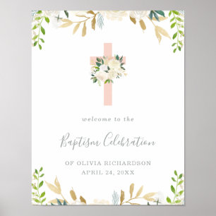 Pink Cross and White Flowers   Baptism Welcome Poster
