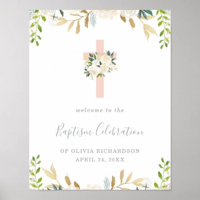 Pink Cross and White Flowers | Baptism Welcome Poster (Front)