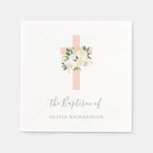 Pink Cross and White Flowers Girl Baptism Napkin