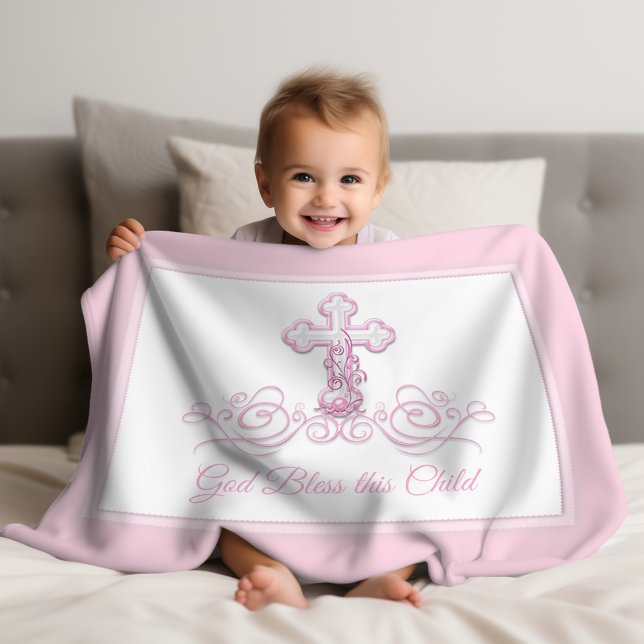 Pink Cross Baby Girl Baptism Blanket (Pink cross christening and baptism baby blanket. Personalize with your text or leave as is.)