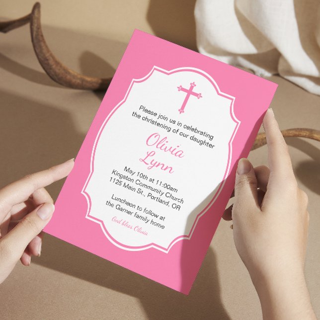 Pink Cross Baby Girl Baptism Christening Invitation (Creator Uploaded)