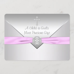 Pink Cross Baby Girl Christening Invitation