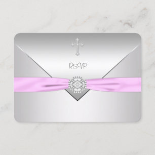 Pink Cross Baby Girl Christening RSVP Card