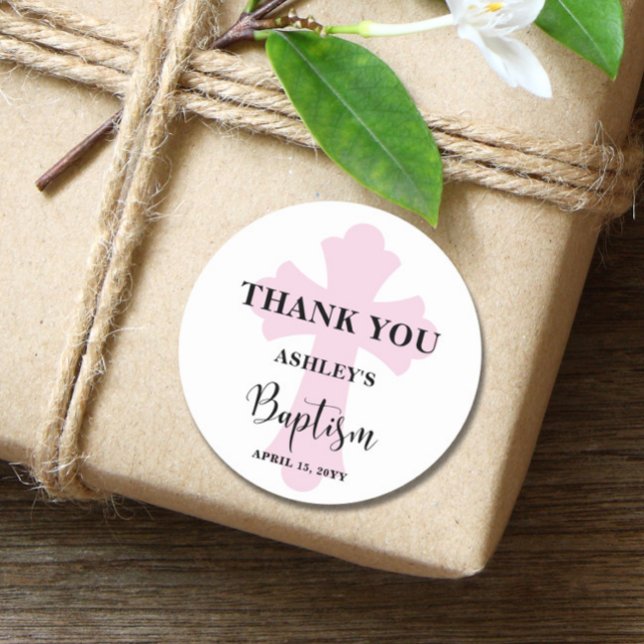 Pink Cross Baptism  Classic Round Sticker (Creator Uploaded)