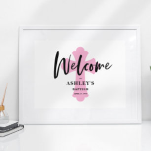  Pink Cross Baptism Horizontal Welcome Sign