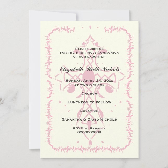 Pink Cross First Communion Confirmation Invitation (Front)