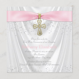 Pink Cross First Communion White Satin Glitter Invitation