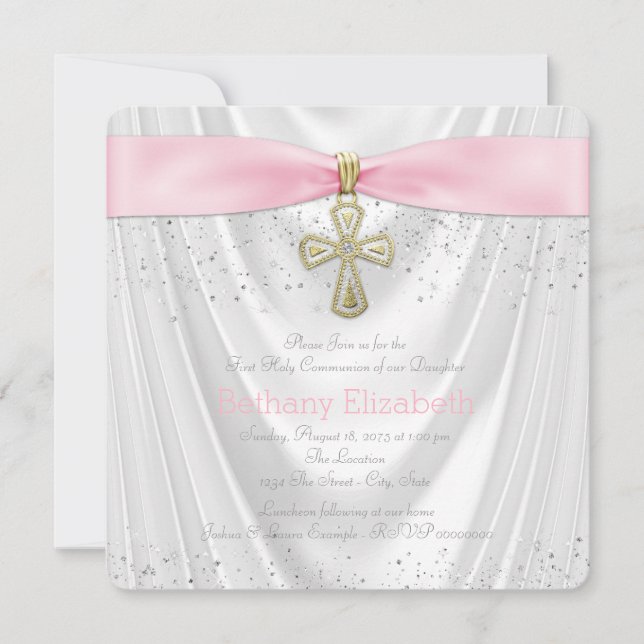 Pink Cross First Communion White Satin Invitation (Front)