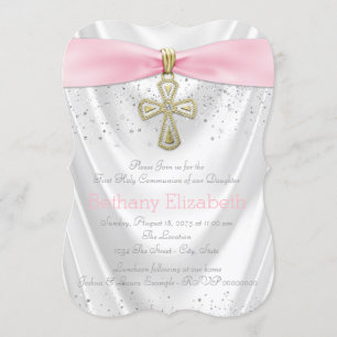 Pink Cross First Communion White Satin Pink Invitation