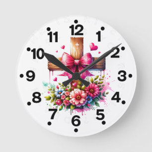 Pink Cross Flowers Round Clock