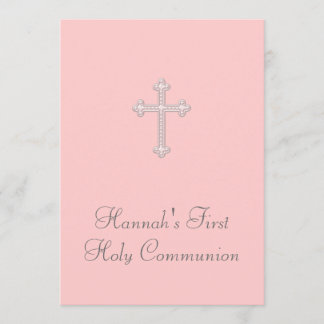 Pink Cross Girls Pink First Communion Invitation