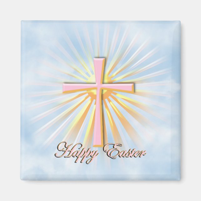 Pink Cross on Clouds with Happy Easter Text Magnet (Front)