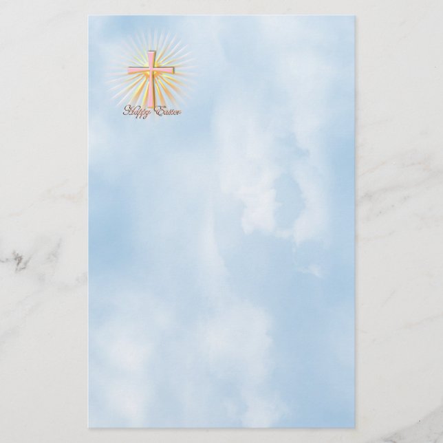 Pink Cross on Clouds with Happy Easter Text Stationery (Front)