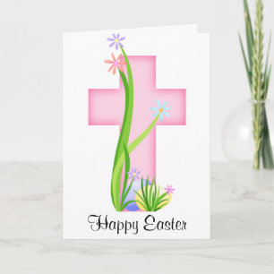 Pink Cross with Easter Eggs Holiday Card