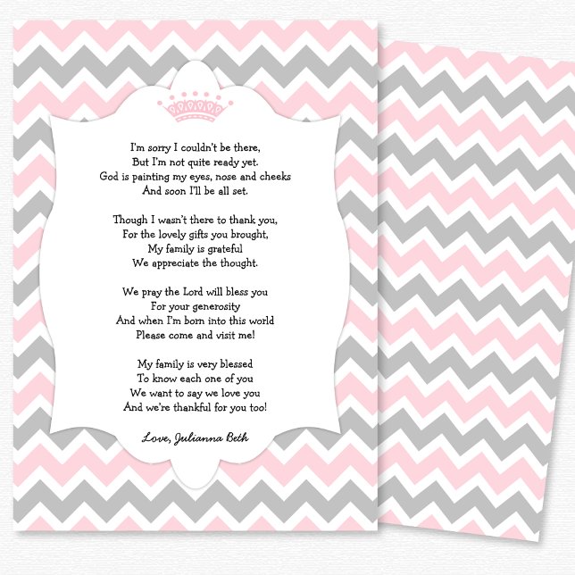 Pink Crown Baby Shower Thank you note with poem (Creator Uploaded)