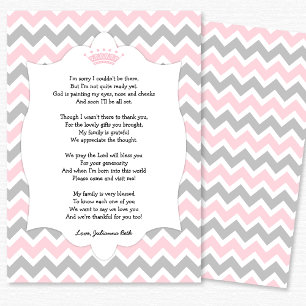Pink Crown Baby Shower Thank you note with poem Card