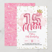 Pink Crown Balloon Fifteen Birthday Invitation
