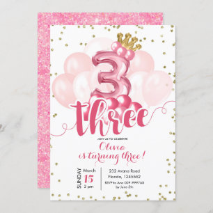Pink Crown Balloon Third Birthday Invitation