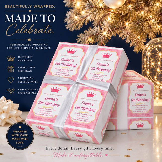 Pink Crown Birthday Invite | zazzlemade Magic Wrapping Paper (Creator Uploaded)