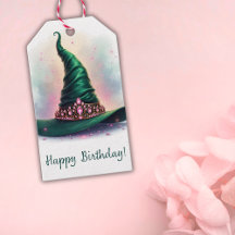 Pink Crown Emerald Green Witch Hat Happy Birthday
