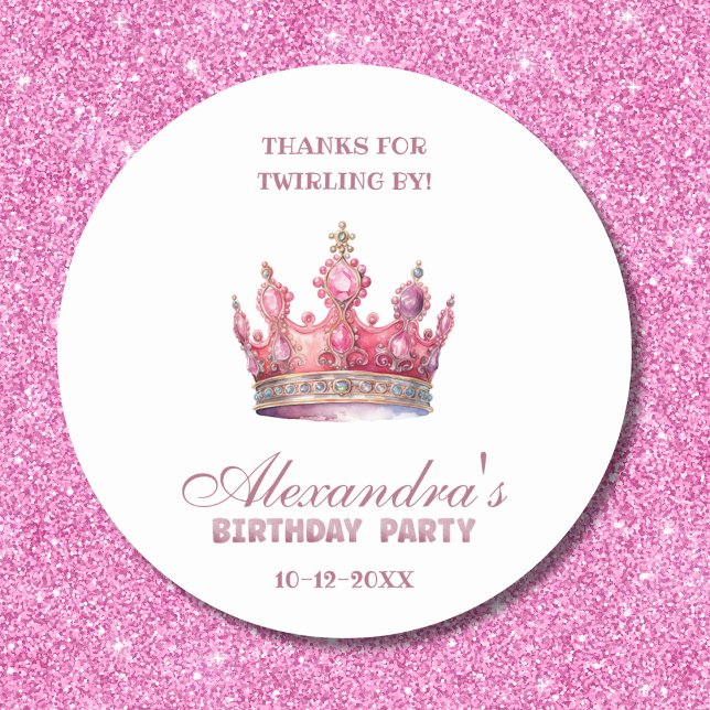 Pink Crown Girl Princess Birthday Thank You Classic Round Sticker (Creator Uploaded)