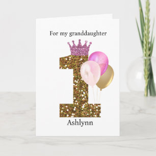 Pink Crown Gold Glitter 1st Birthday Balloons Card