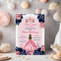 Pink Crown & Navy Blue Floral Princess Mis Quince