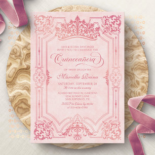 Pink Crown Tiara Elegant Quinceanera Invitation