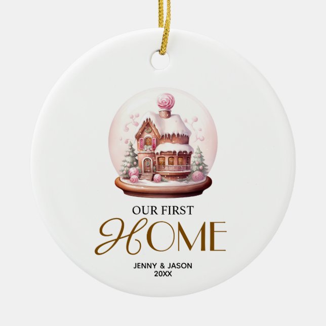 Pink Crystal Ball Christmas Couples Our First Home Ceramic Tree Decoration (Front)