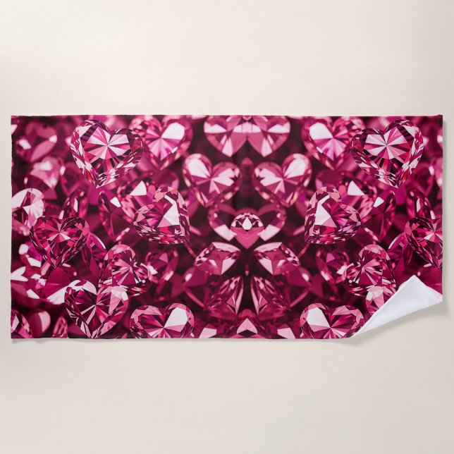 Pink Crystal Diamond Hearts Beach Towel (Front)