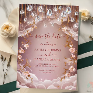 Pink Crystal Drops Opulent Floral Save The Date Invitation