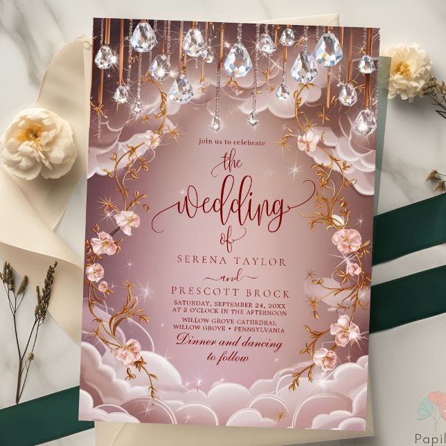 Pink Crystal Drops Opulent Floral Wedding Invitation (Creator Uploaded)