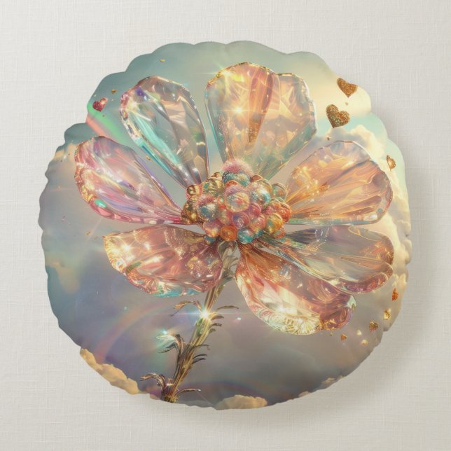Pink Crystal Flower Digital Art Round Cushion (Front)