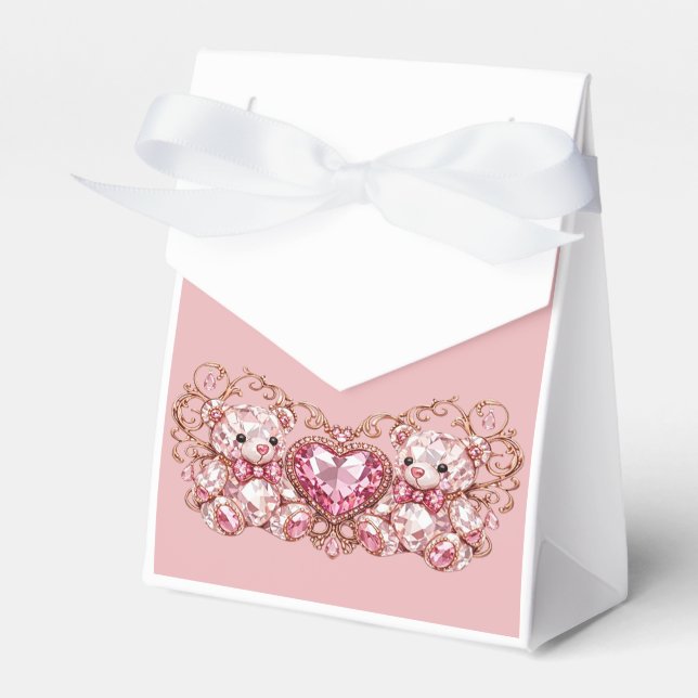 Pink Crystal Teddy Bears with Gem Heart Favour Box (Front Side)