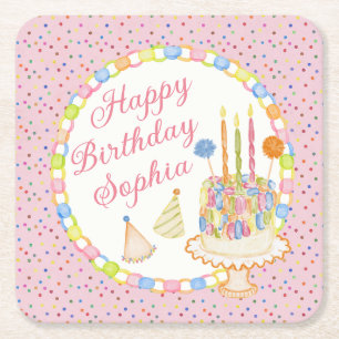 Pink Cue the Confetti Birthday Party Dessert Square Paper Coaster