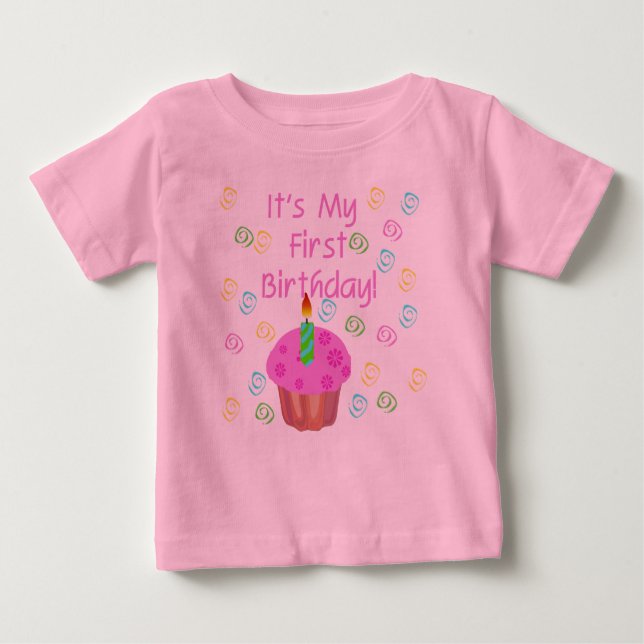 Pink Cupcake 1st Birthday Baby T-Shirt (Front)
