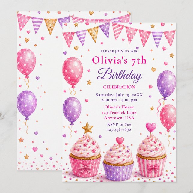 Pink Cupcake 7th Birthday Party Invitation (Front/Back)