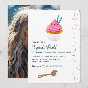 Pink Cupcake and Sprinkles Birthday Party Photo Invitation