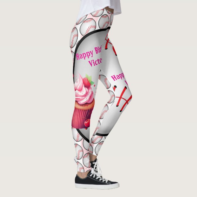 Pink Cupcake Baseball Sports Birthday Leggings (Right)