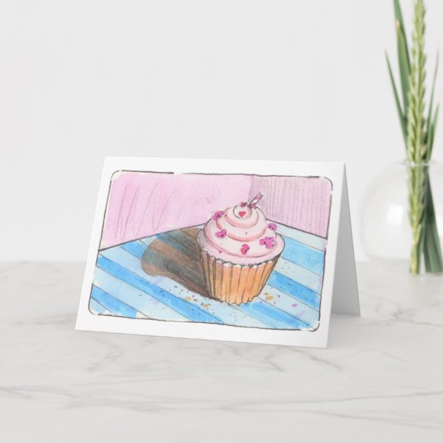 Pink Cupcake Birthday Folded Holiday Card (Front)