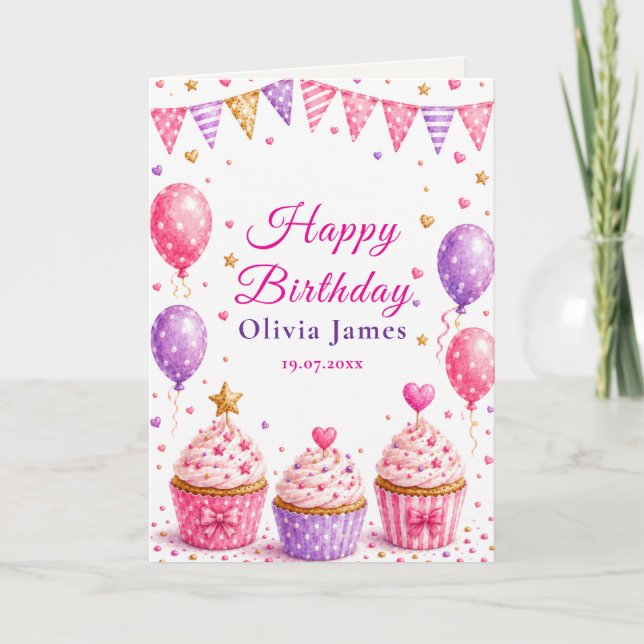 Pink Cupcake Birthday Greeting Card (Front)