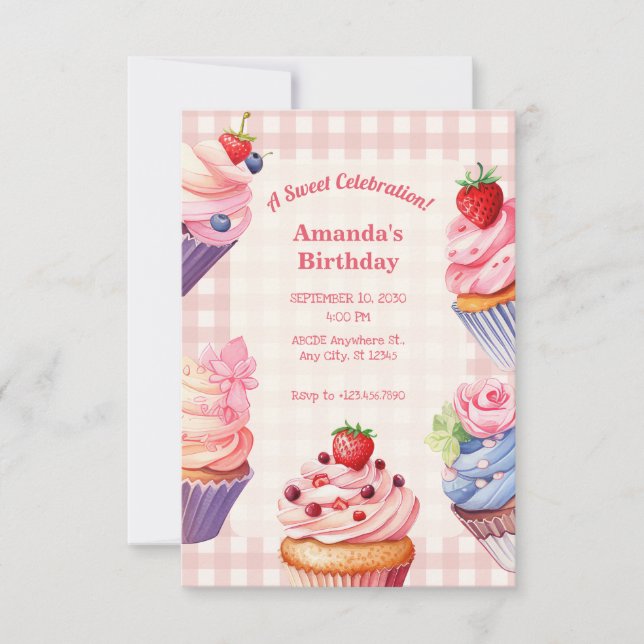 Pink cupcake birthday  invitation (Front)
