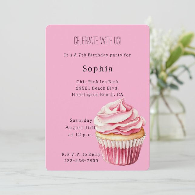 Pink Cupcake Birthday Invitation (Standing Front)