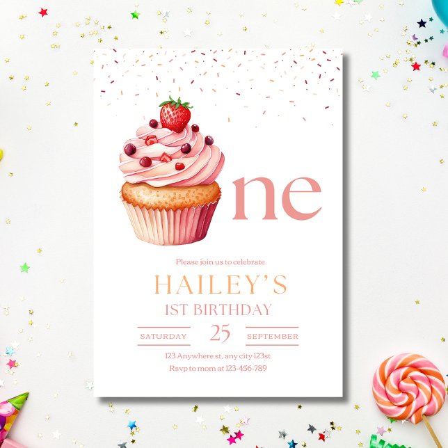 Pink Cupcake Birthday Invitation Girl 1st Birthday (Creator Uploaded)